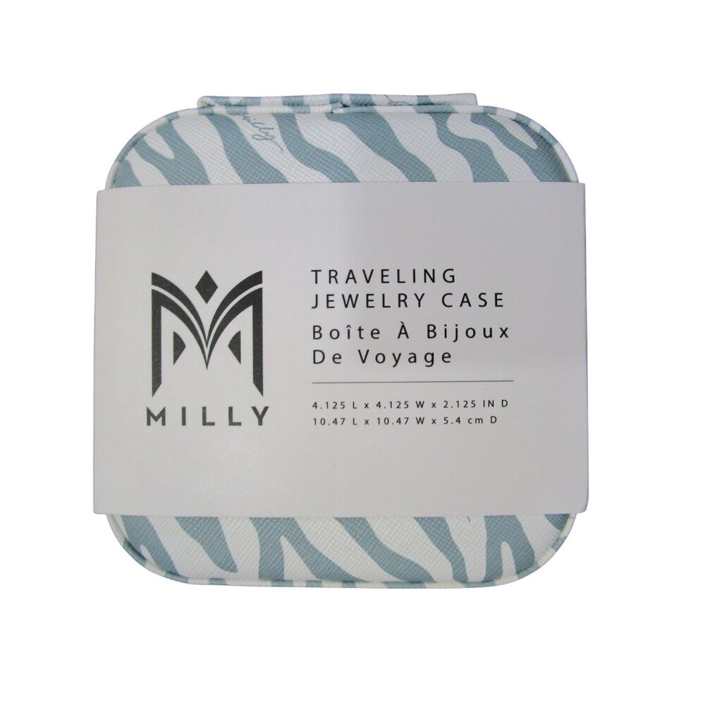 Milly Traveling Jewelry Case Blue White Zebra Print Zipper Closure Compact Size